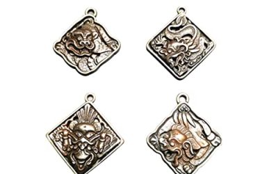 Gandhanra Antique Tibetan Buddhist Protective Pendant,Garuda -the Four Dignities(Garuda,Lion,Dragon,Lion),Buddhist Amulet,Inlaid with Sliver (1 Set of 4 Amulets)
