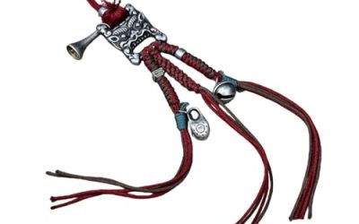 Taoxekoro Chinese Guardian Lion Keychain Charm, Red Braided Cord, Silver Metal Accents, Bell Pendant, Tassel Design