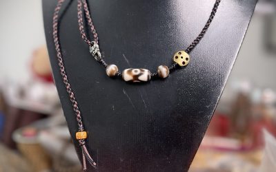 Tibetan Dzi Bead Necklace 3-Eye Amulet w Thokcha Charm Handmade
