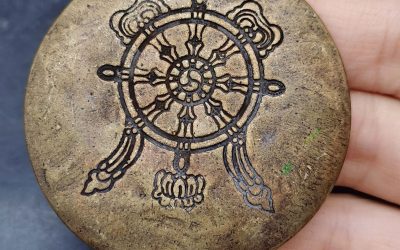 Aged Patina Copper Nine Palaces Bagua Zodiac Thokcha Pendant Dharma Wheel Dual