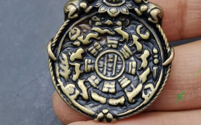 Tibetan Patina Copper Nine Palaces Bagua Zodiac Thokcha Pendant Lotus Beast Top