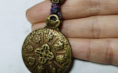 Copper Eight Auspicious Symbols Bagua Zodiac Thokcha Pendant Tibetan Dharma Cord