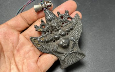 Vintage Himalayan Iron Thokcha Garuda Pendant – Fierce Deity with Reverse Mantra